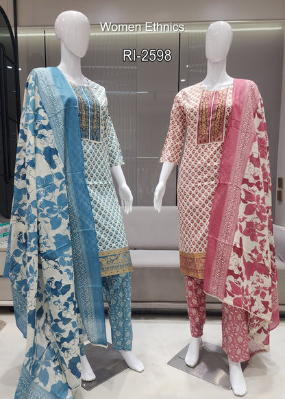 Neck Work 050425 Women Ethnics Readymade Cotton Pant Suits Supplier