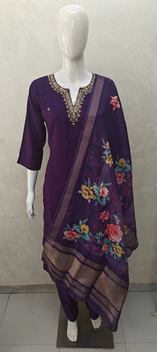 Neck Work 071124 Veeha Roman Silk Readymade Pant Style Suits Wholesale