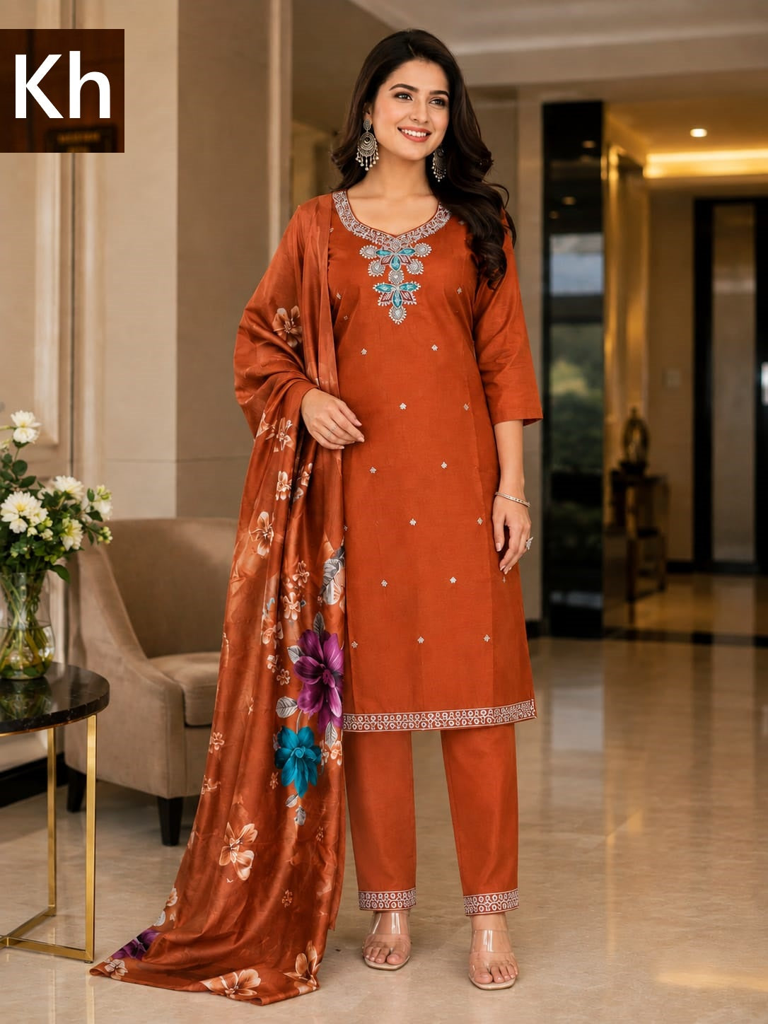 Neck Work 1808 Kh Roman Silk Readymade Pant Style Suits Wholesaler Gujarat