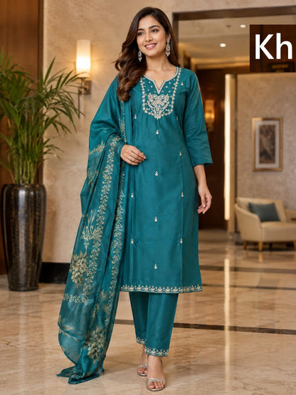 Neck Work 1808 Kh Roman Silk Readymade Pant Style Suits Wholesaler Gujarat
