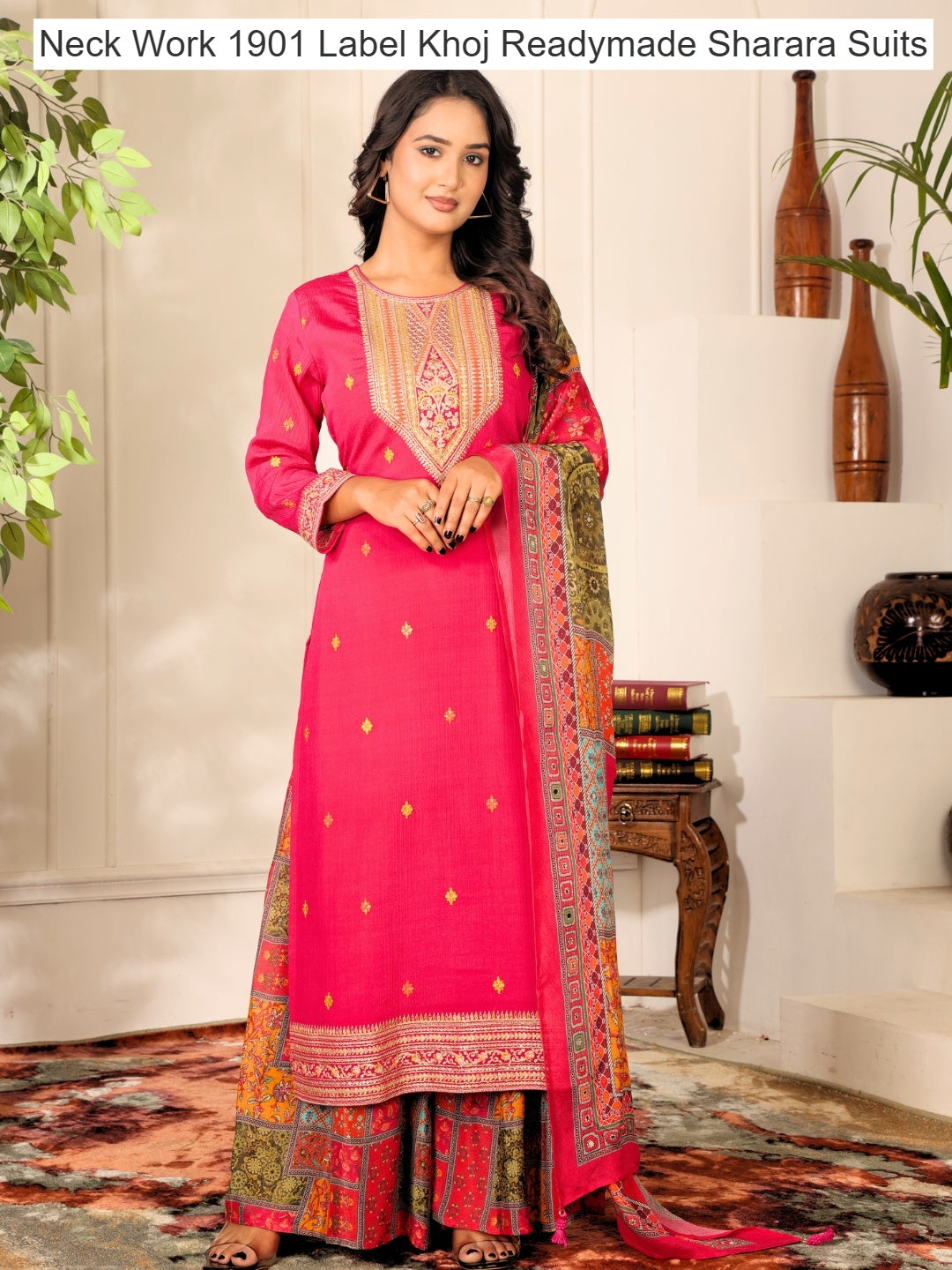 Neck Work 1901 Label Khoj Chinnon Readymade Sharara Suits Wholesaler Ahmedabad