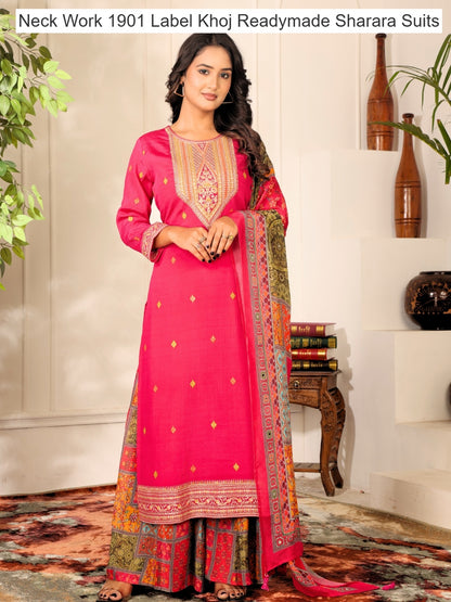 Neck Work 1901 Label Khoj Chinnon Readymade Sharara Suits Wholesaler Ahmedabad