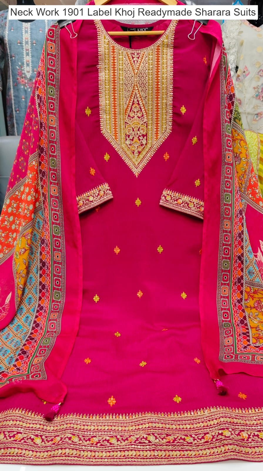 Neck Work 1901 Label Khoj Chinnon Readymade Sharara Suits Wholesaler Ahmedabad