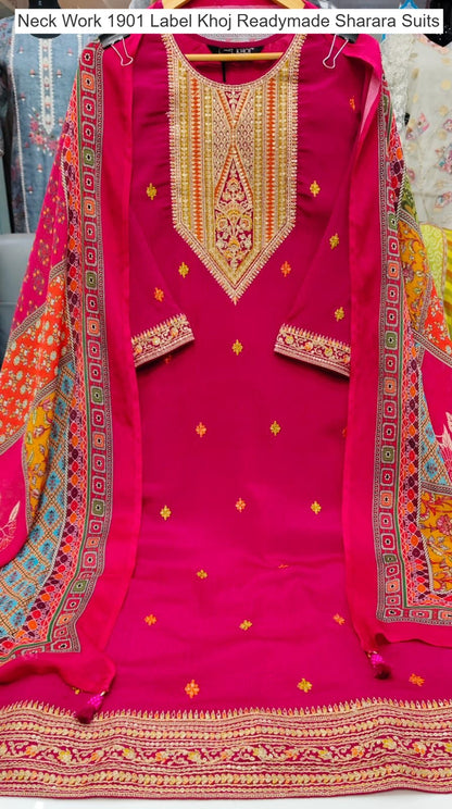 Neck Work 1901 Label Khoj Chinnon Readymade Sharara Suits Wholesaler Ahmedabad