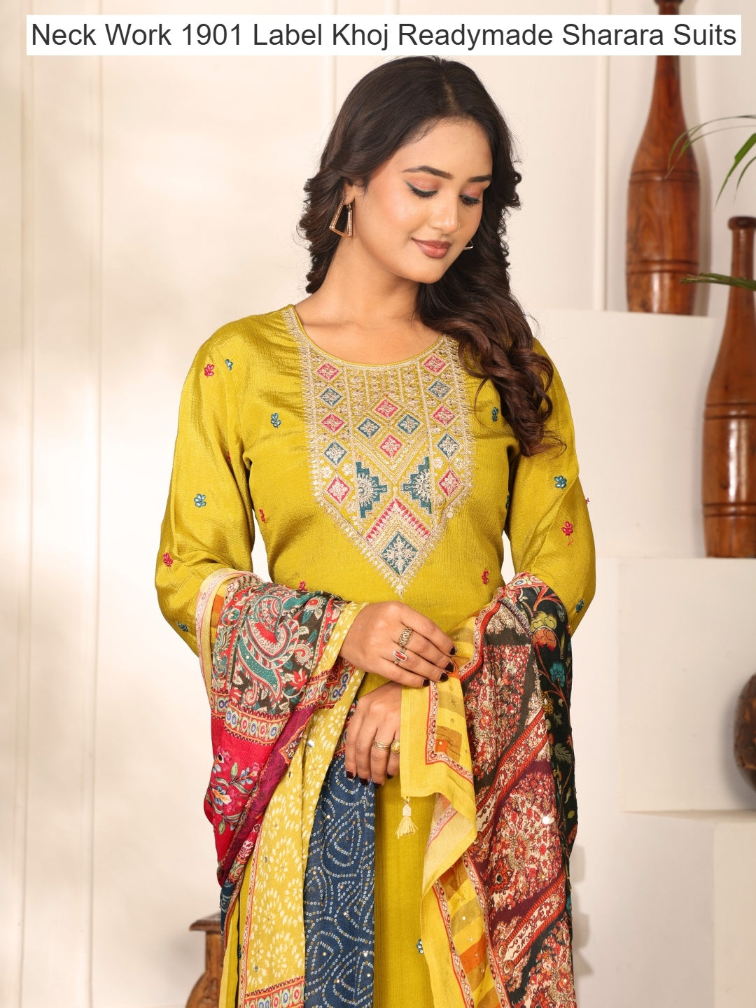 Neck Work 1901 Label Khoj Chinnon Readymade Sharara Suits Wholesaler Ahmedabad