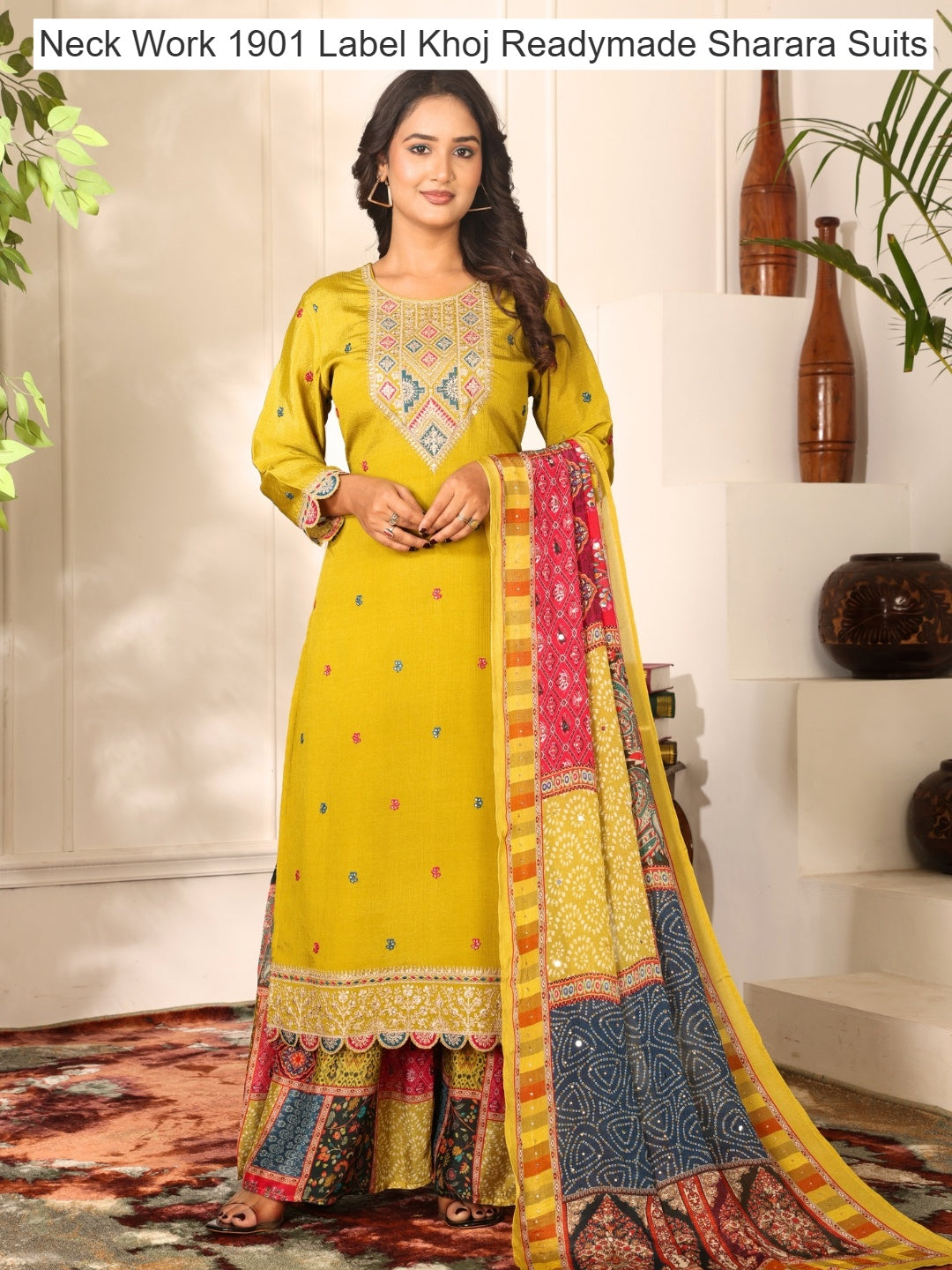 Neck Work 1901 Label Khoj Chinnon Readymade Sharara Suits Wholesaler Ahmedabad