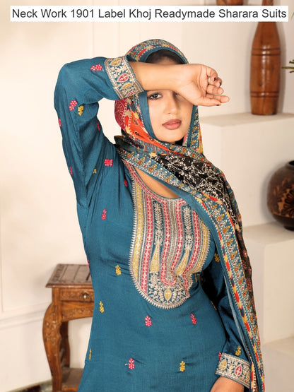 Neck Work 1901 Label Khoj Chinnon Readymade Sharara Suits Wholesaler Ahmedabad