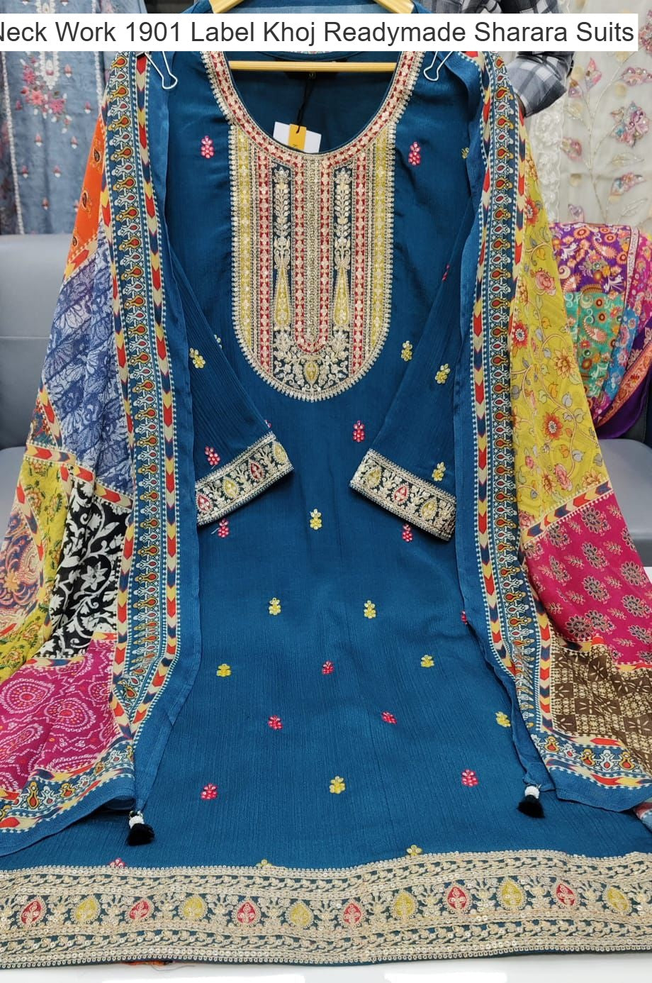 Neck Work 1901 Label Khoj Chinnon Readymade Sharara Suits Wholesaler Ahmedabad