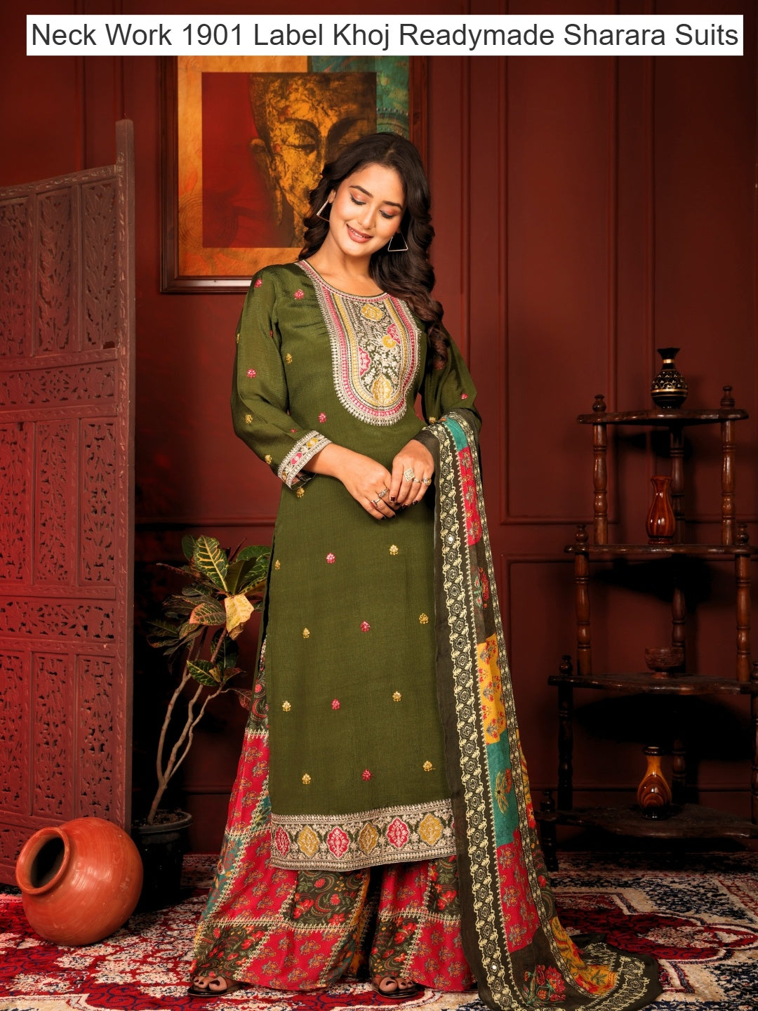 Neck Work 1901 Label Khoj Chinnon Readymade Sharara Suits Wholesaler Ahmedabad