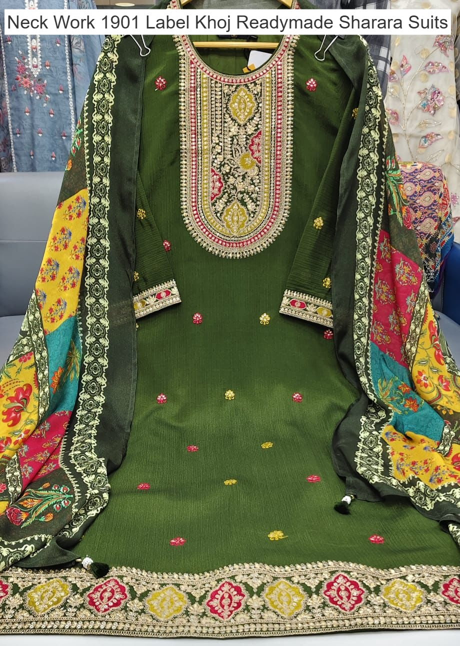 Neck Work 1901 Label Khoj Chinnon Readymade Sharara Suits Wholesaler Ahmedabad
