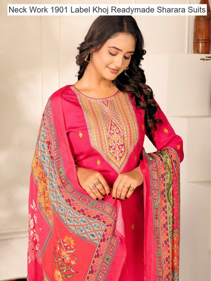 Neck Work 1901 Label Khoj Chinnon Readymade Sharara Suits Wholesaler Ahmedabad