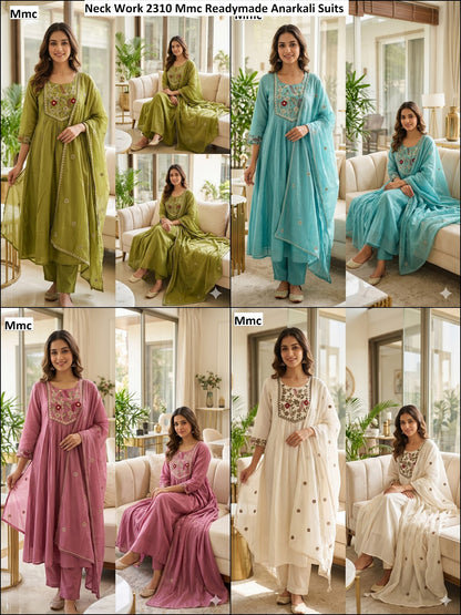 Neck Work 2310 Mmc Chanderi Readymade Anarkali Suits Wholesaler Ahmedabad