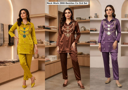 Neck Work 2908 Bemitex Satin Co Ord Set Manufacturer