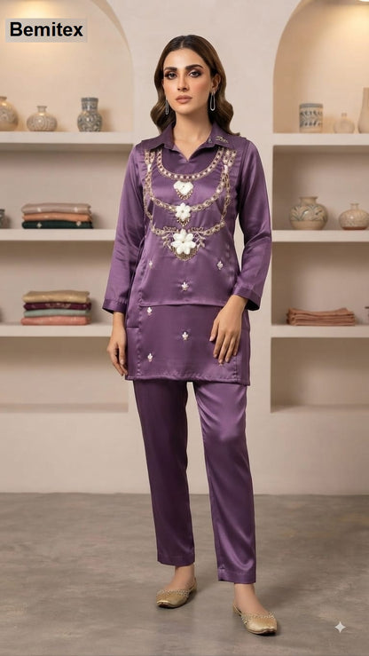 Neck Work 2908 Bemitex Satin Co Ord Set Manufacturer