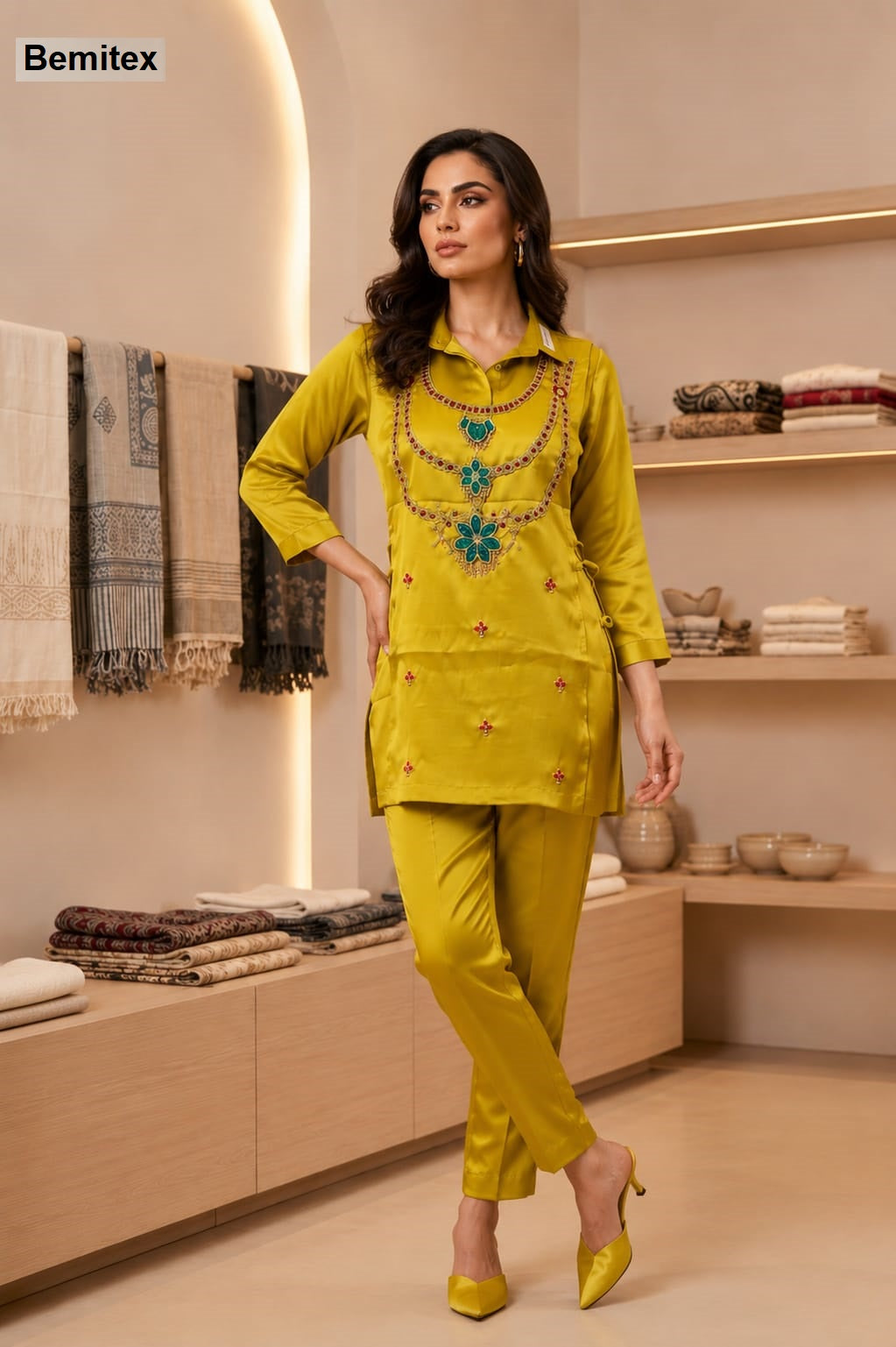 Neck Work 2908 Bemitex Satin Co Ord Set Manufacturer