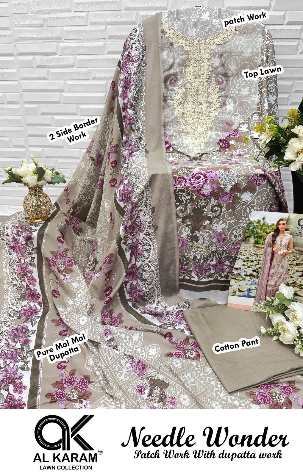 Needle Wonder Al Karam Lawn Cotton Pakistani Patch Work Suits Exporter Ahmedabad