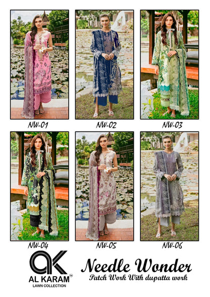 Needle Wonder Al Karam Lawn Cotton Pakistani Patch Work Suits Exporter Ahmedabad