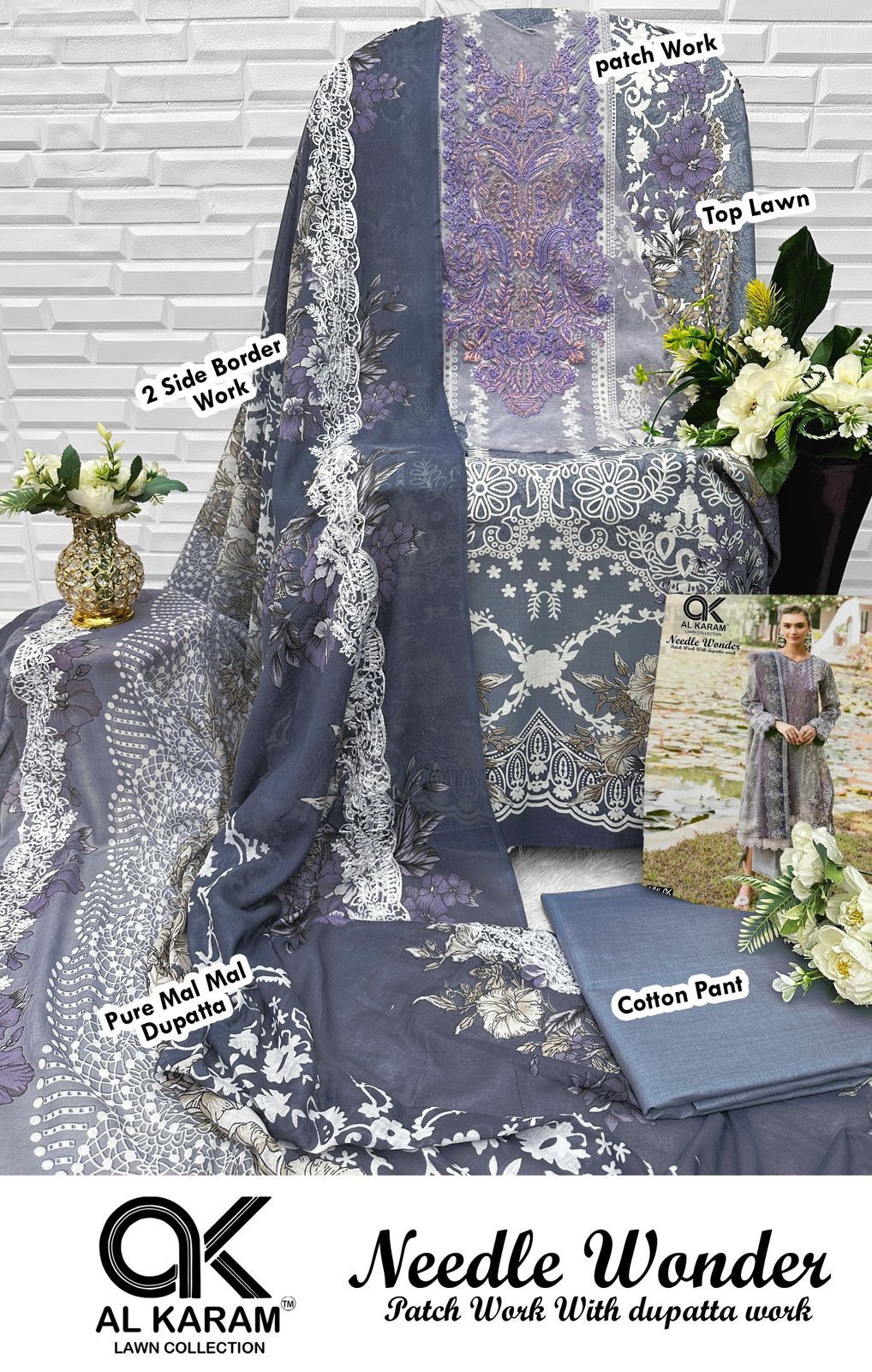 Needle Wonder Al Karam Lawn Cotton Pakistani Patch Work Suits Exporter Ahmedabad