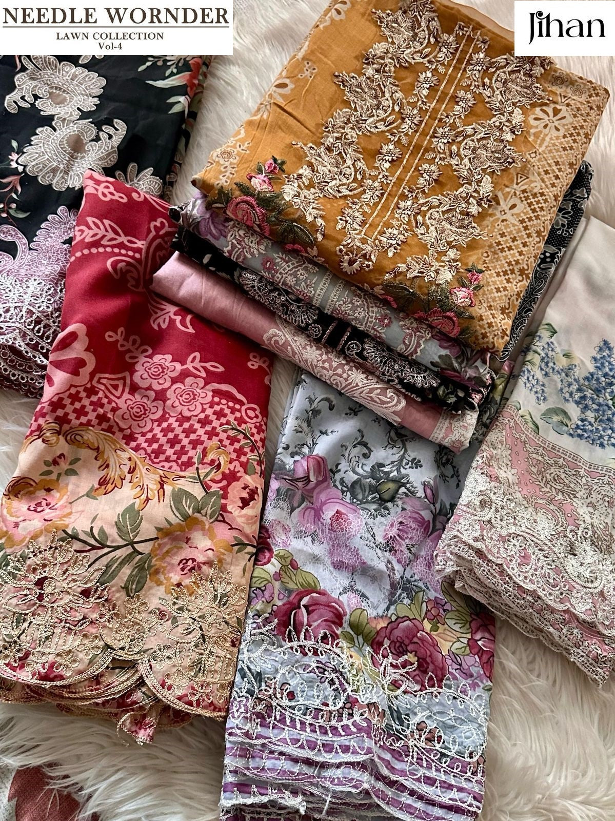 Needle Wonder Lawn Collection Vol 4 Jihan Pure Cotton Pakistani Patch Work Suits Wholesaler Ahmedabad