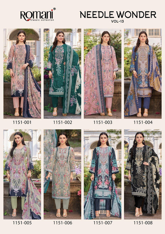 Needle Wonder Vol 13 Romani Mix Cotton Karachi Salwar Suits Supplier Ahmedabad