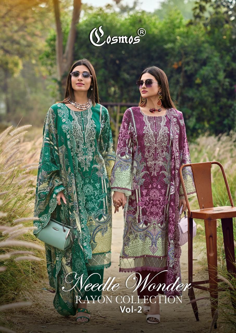 Needle Wonder Vol 2 Cosmos Fashion Heavy Rayon Karachi Salwar Suits Wholesaler Ahmedabad