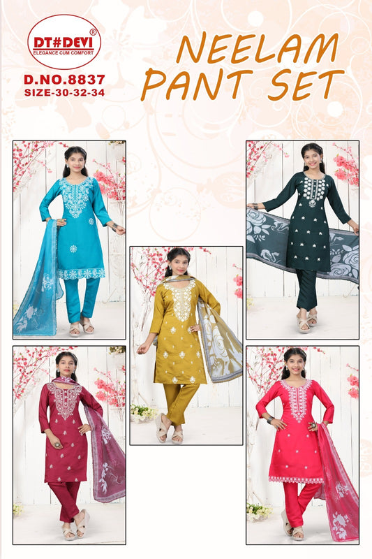 Neelam 8837 Dt Devi Roman Silk Girls Readymade Pant Suits Wholesale Price