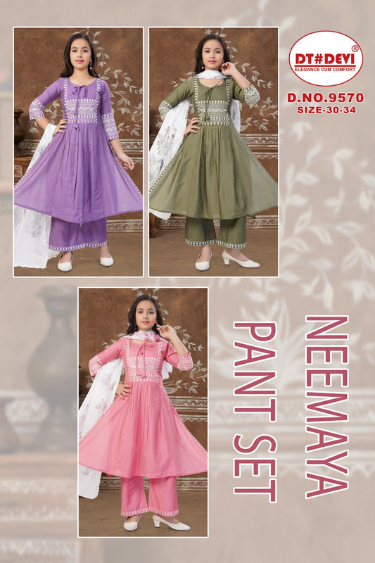 Neemaya Dn 9570 Dt Devi Roman Silk Girls Readymade Pant Suits Wholesale Price