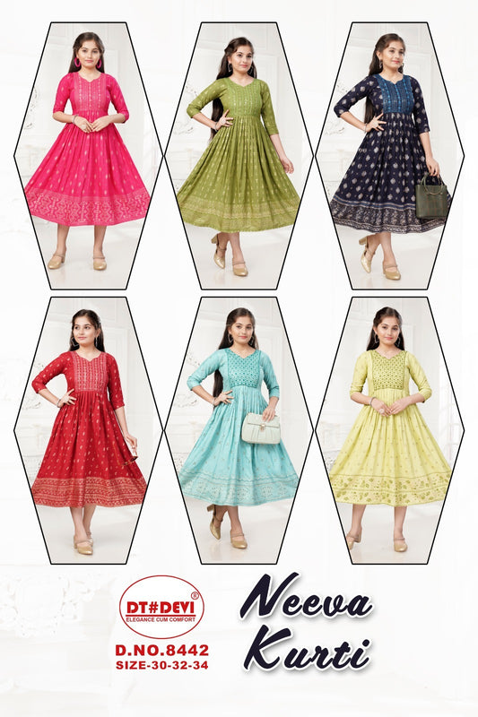 Neeva 8442 Dt Devi Rayon Girls Anarkali Kurti Supplier India