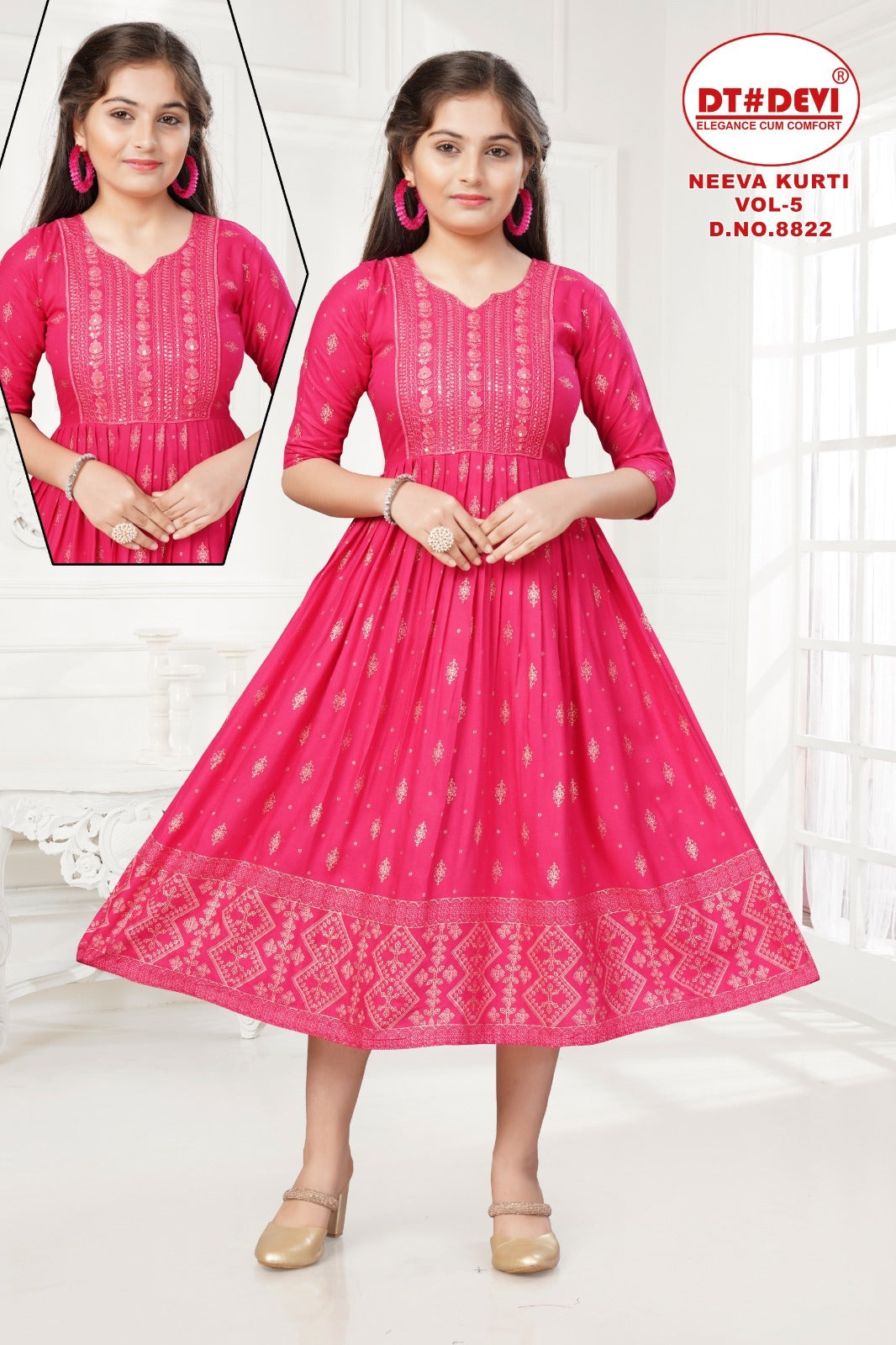 Neeva Vol 5 8822 Dt Devi Rayon Girls Anarkali Kurti Supplier India