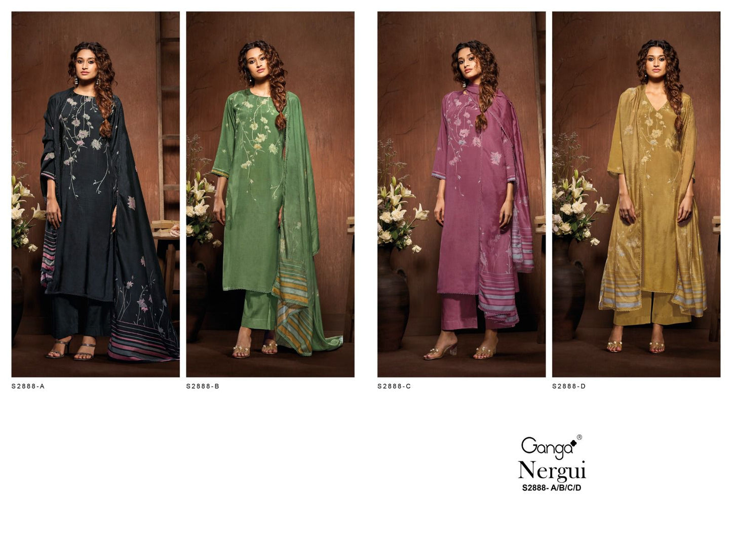 Nergui 2888 Ganga Bemberg Silk Plazzo Style Suits Wholesaler