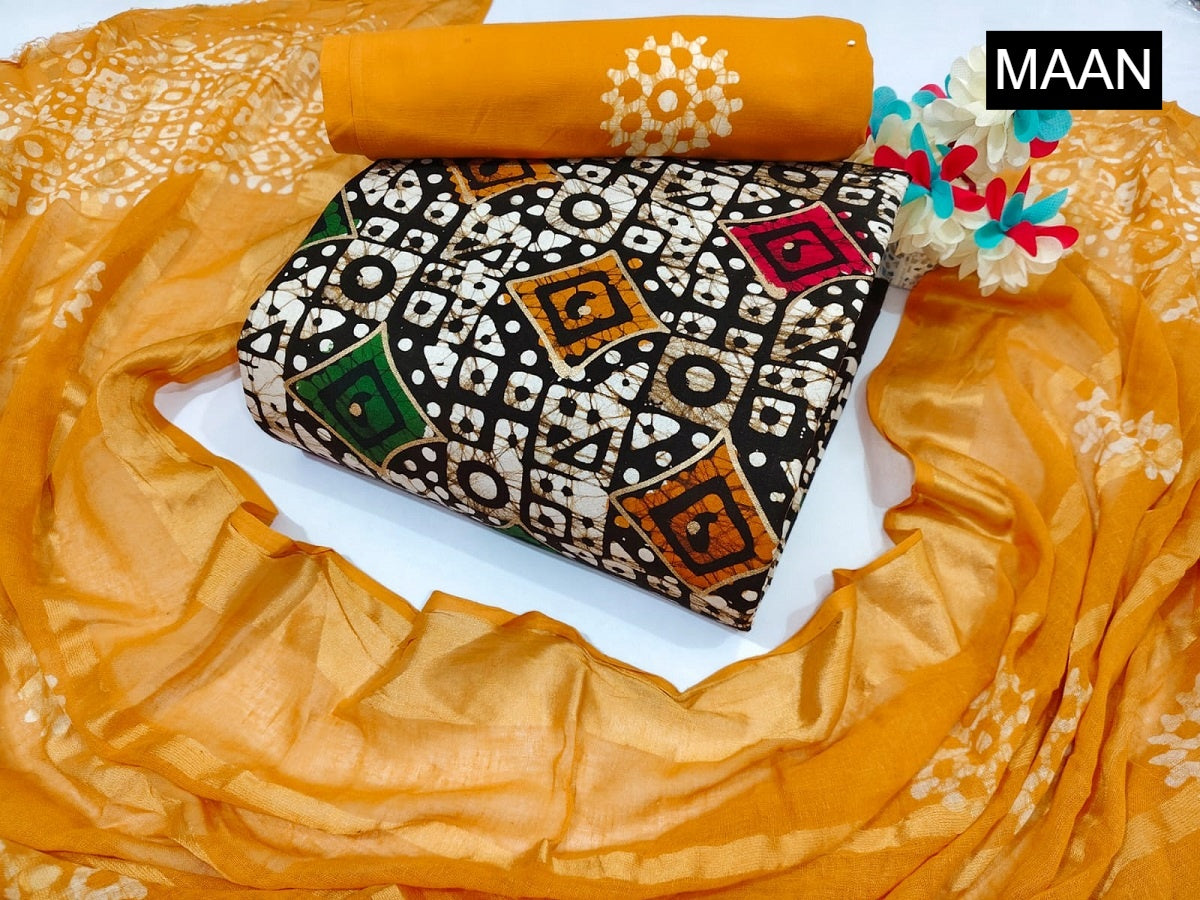 Nemi Multi Gold Wax Batik Maan Heavy Cotton Cotton Dress Material Wholesaler Ahmedabad