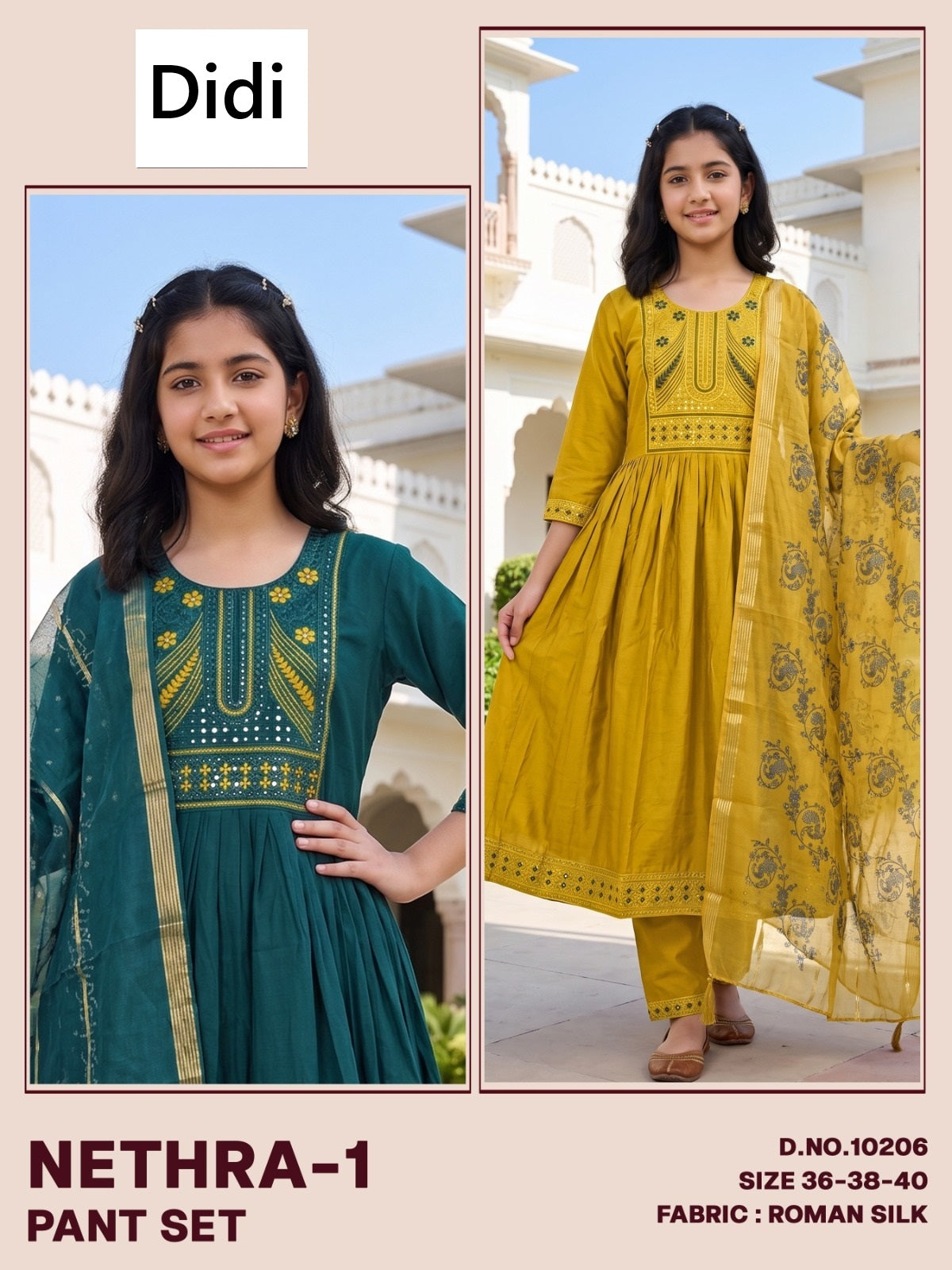 Nethra 1 Dn 10206 Didi Roman Silk Girls Readymade Anarkali Suits Wholesaler
