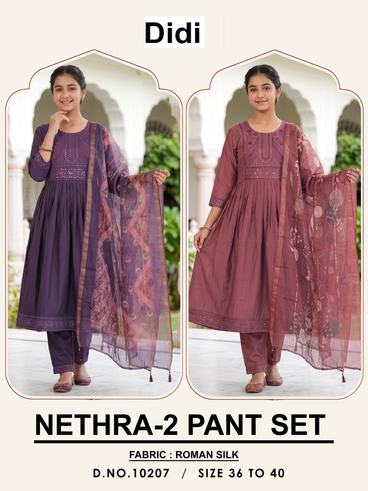 Nethra 2 Dn 10207 Didi Roman Silk Girls Readymade Pant Suits Wholesaler