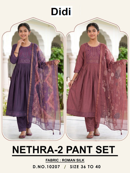 Nethra 2 Dn 10207 Didi Roman Silk Girls Readymade Pant Suits Wholesaler