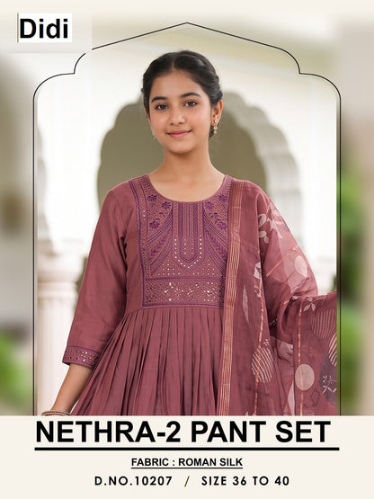 Nethra 2 Dn 10207 Didi Roman Silk Girls Readymade Pant Suits Wholesaler