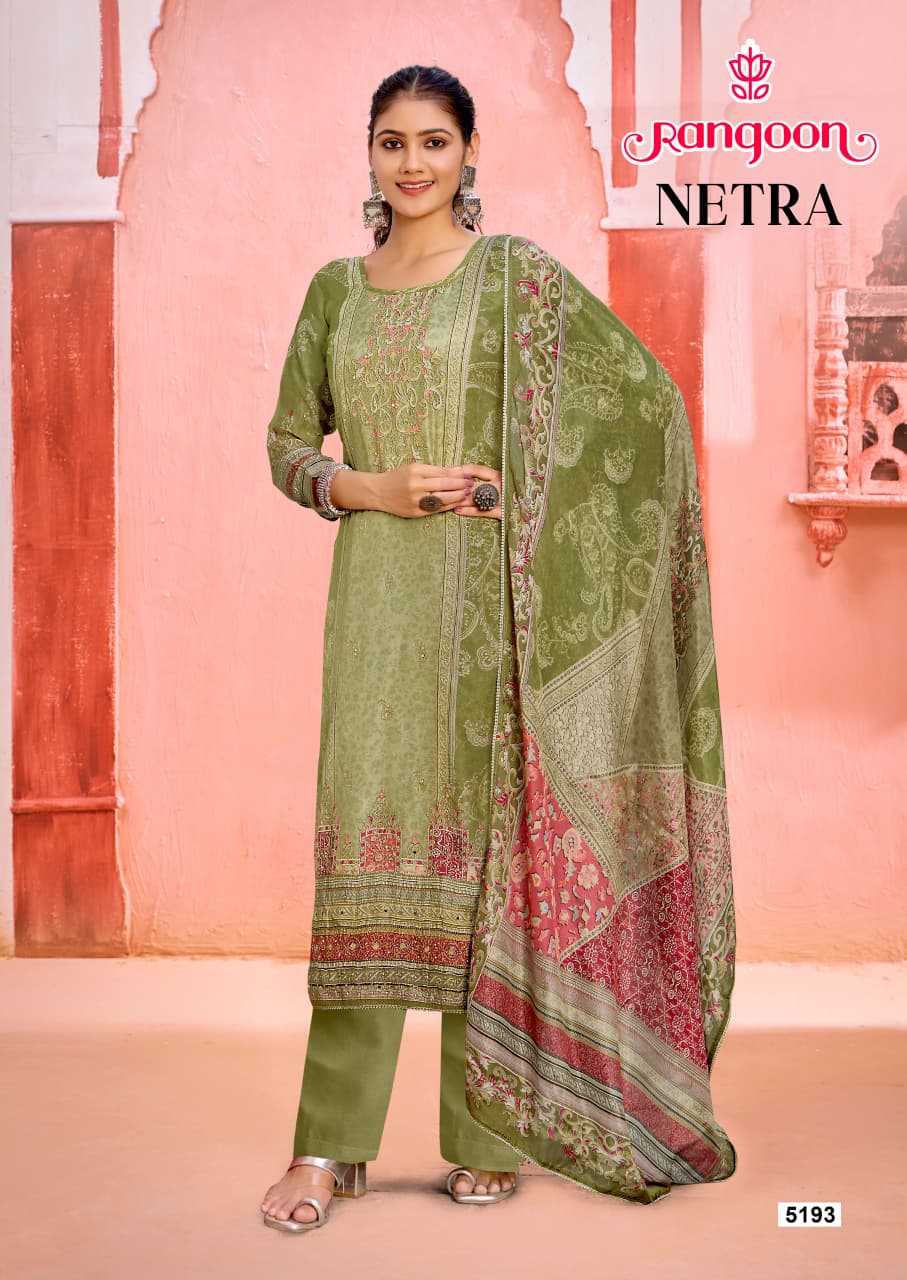 Netra Rangoon Muslin Readymade Pant Style Suits Manufacturer