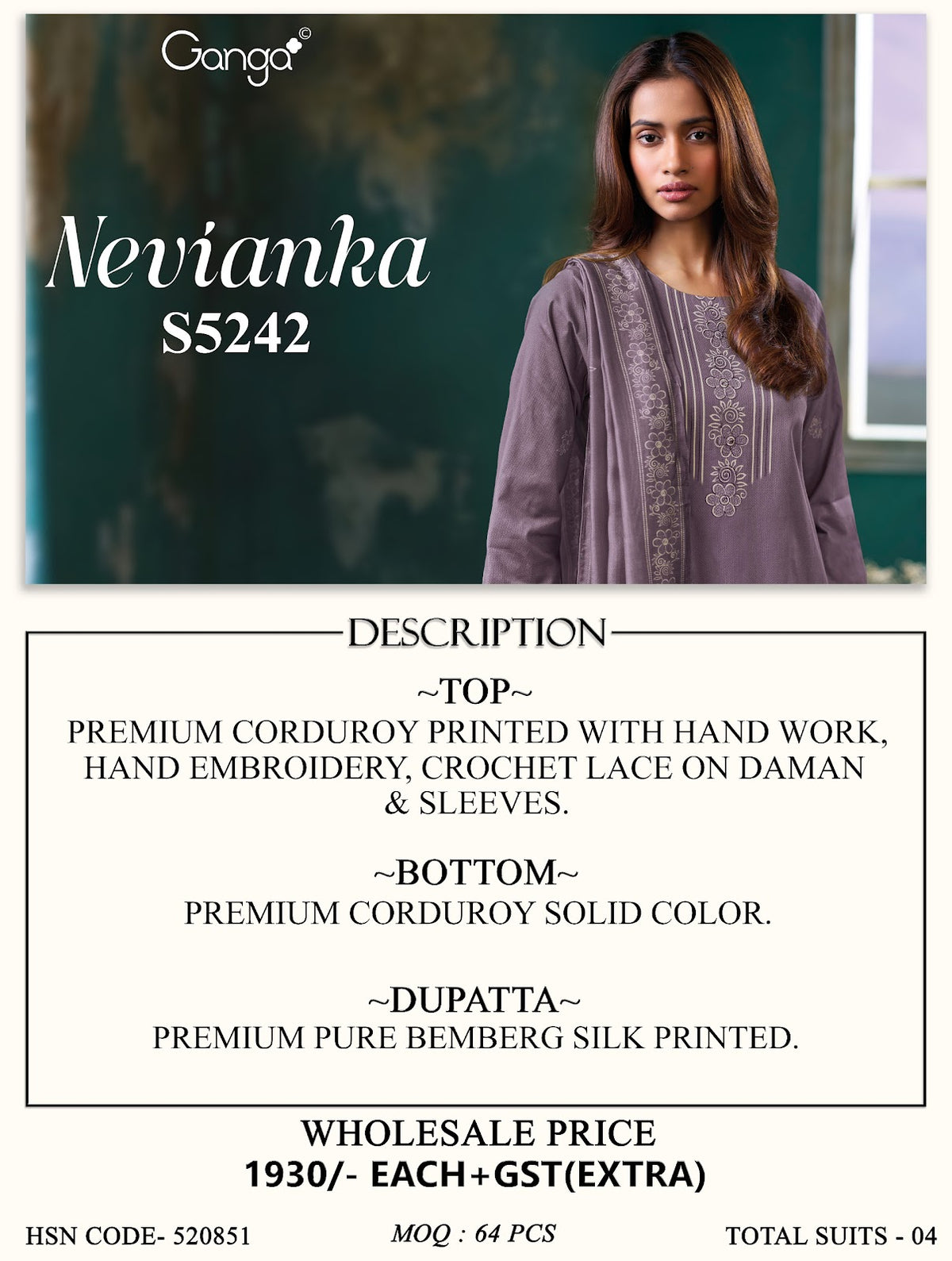 Nevianka S5242 Ganga Corduroy Pant Style Suits Manufacturer Gujarat