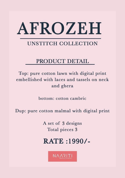New Afrozeh Naariti Cotton Lawn Pant Style Suits Supplier