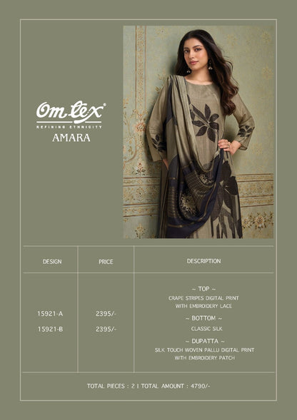 New Amara Omtex Crape Pant Style Suits Manufacturer India