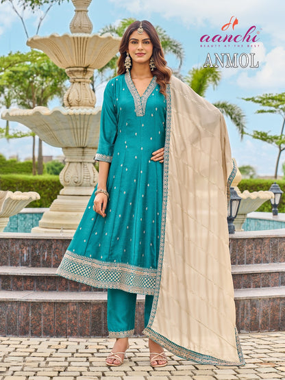 New Anmol Aanchi Vichitra Silk Readymade Anarkali Suits Manufacturer Gujarat