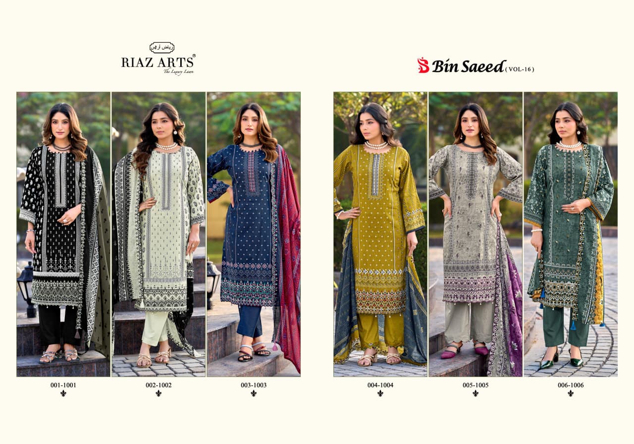 New Bin Saeed Vol 16 Riaz Art Cambric Lawn Karachi Salwar Suits Wholesale Price
