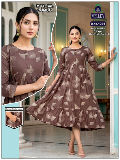 New Colors 3 Layers 2909 Velley Rayon Anarkali Kurtis Supplier