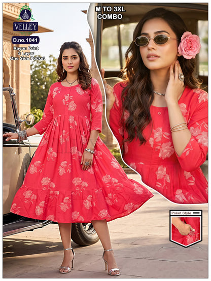 New Colors 3 Layers 2909 Velley Rayon Anarkali Kurtis Supplier