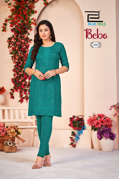New Colors Bebo Blue Hills Rayon Knee Length Kurtis Supplier