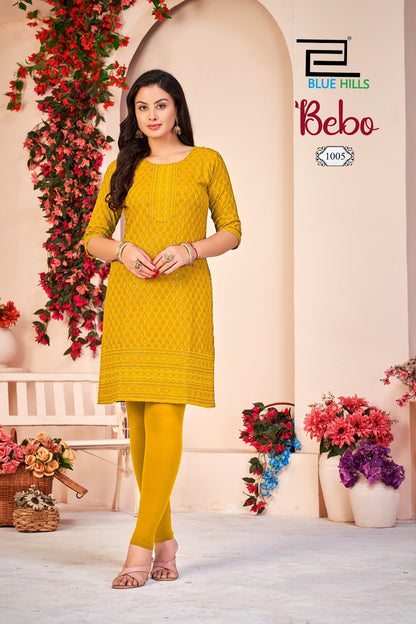 New Colors Bebo Blue Hills Rayon Knee Length Kurtis Supplier