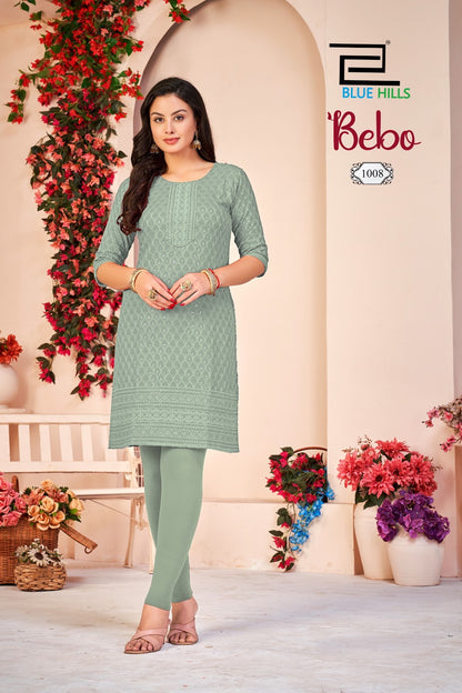 New Colors Bebo Blue Hills Rayon Knee Length Kurtis Supplier