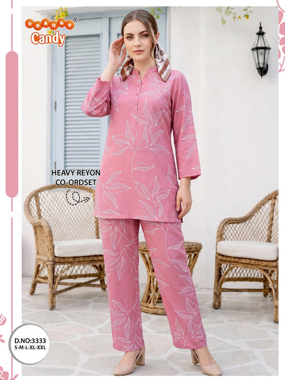 New Colors Design 3333 Orange Candy Rayon Co Ord Set Exporter Gujarat