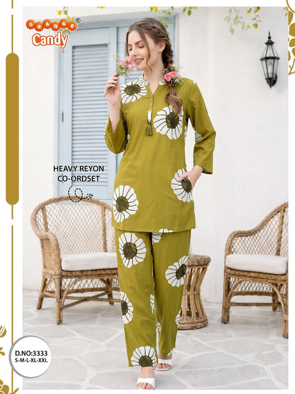 New Colors Design 3333 Orange Candy Rayon Co Ord Set Exporter Gujarat