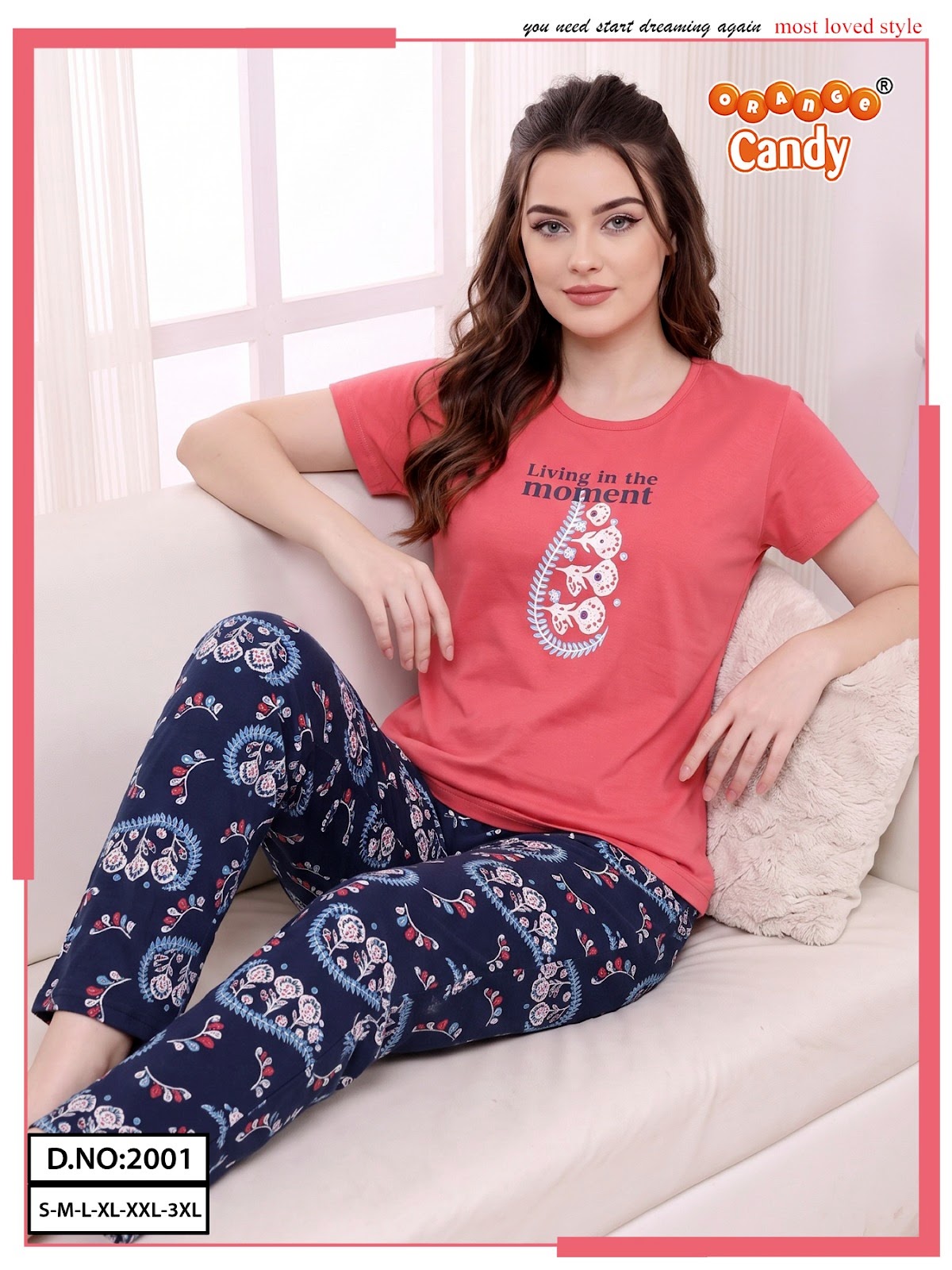 New Colour Design 2001 Orange Candy Pyjama Night Suits Wholesale