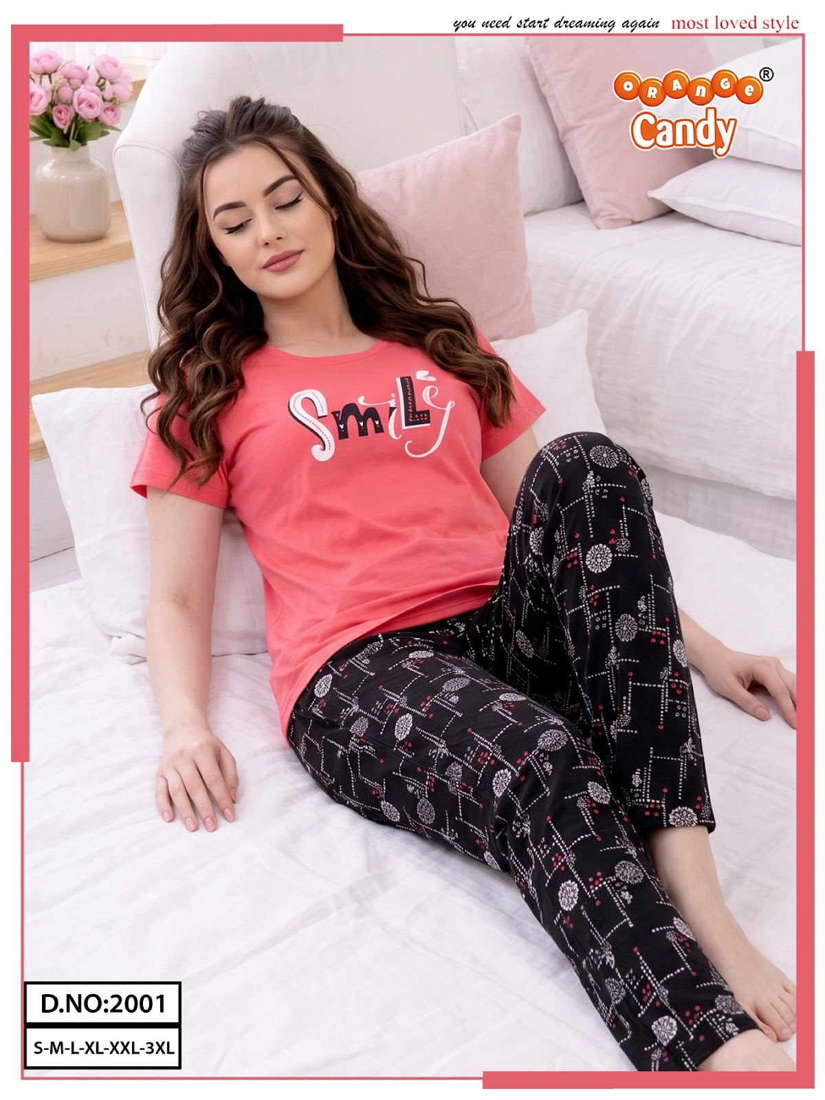 New Colour Design 2001 Orange Candy Pyjama Night Suits Wholesale